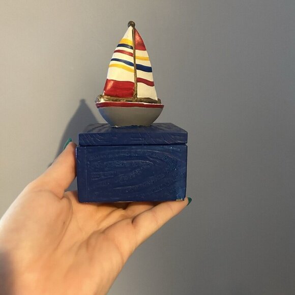 Lighthouse Small Trinket Jewelry Box Sailboat Coastal Beachy Nautical Blue Red - Picture 4 of 10